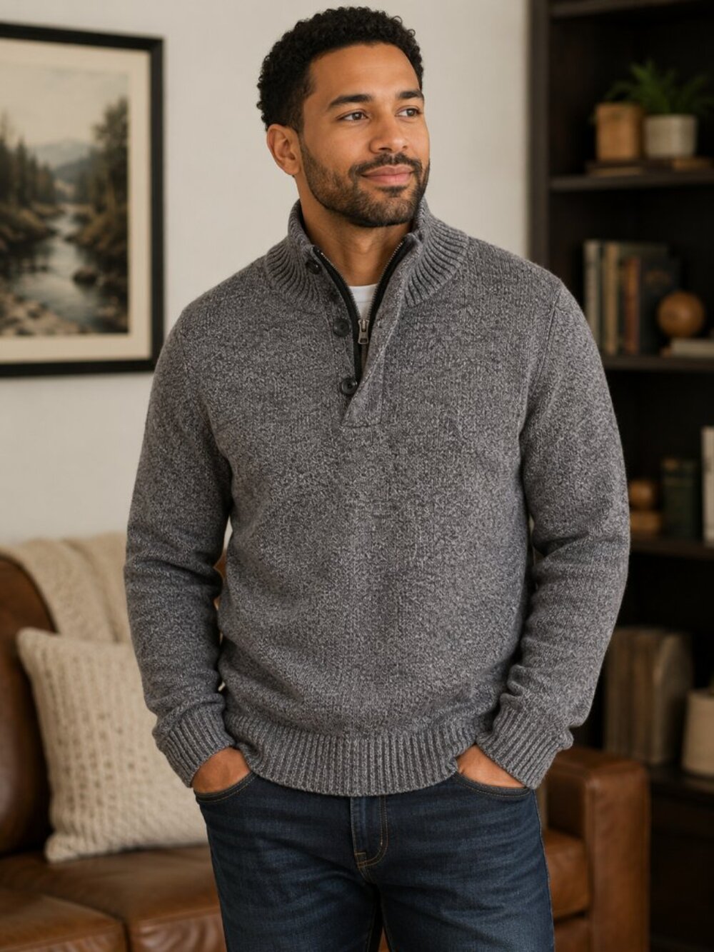 American Eagle Athletic Fit Gray Quarter Zip Knit Sweater Men's Medium Mock Neck